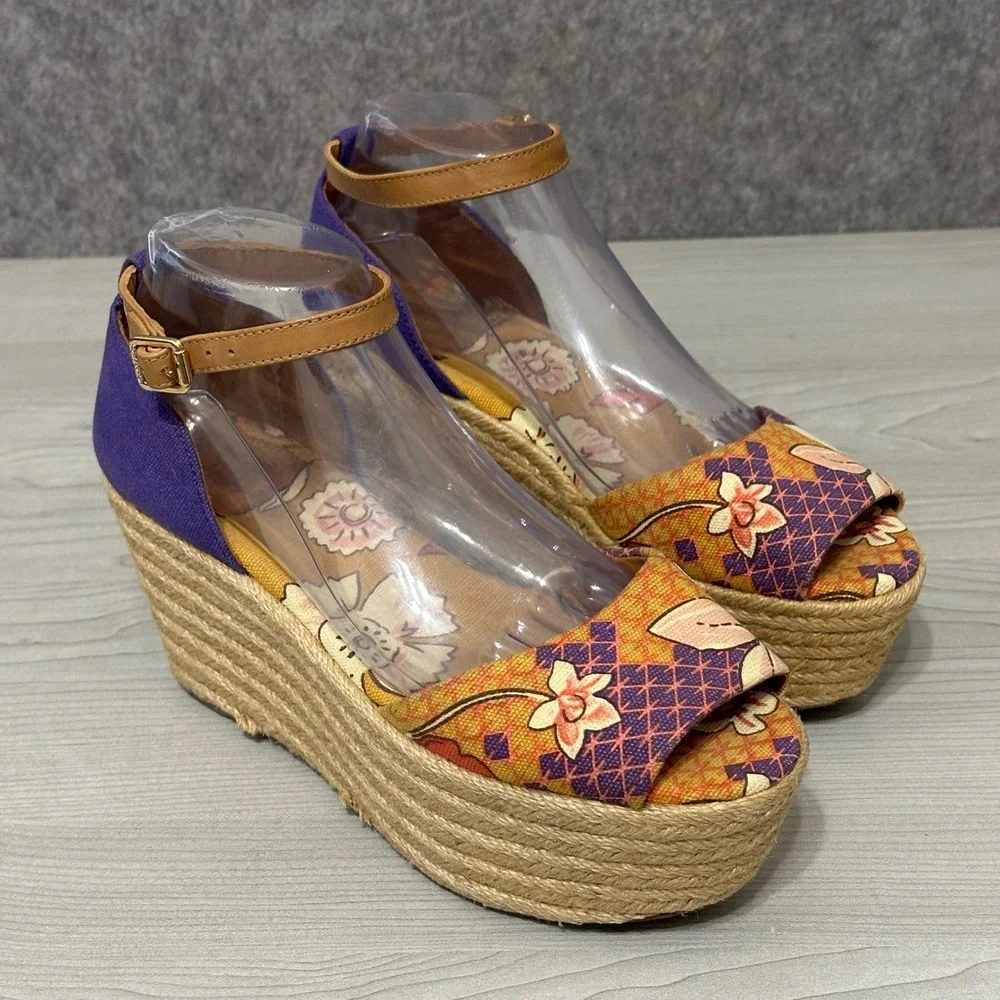 Tory Burch Sherri Mid Wedge Espadrille Sandals Floral Ankle Strap Women's Sz 8